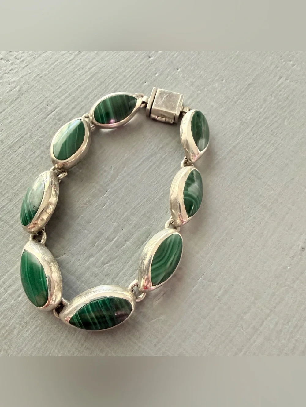 Taxco Mexico Malachite Stone Sterling Silver Chunky Bracelet